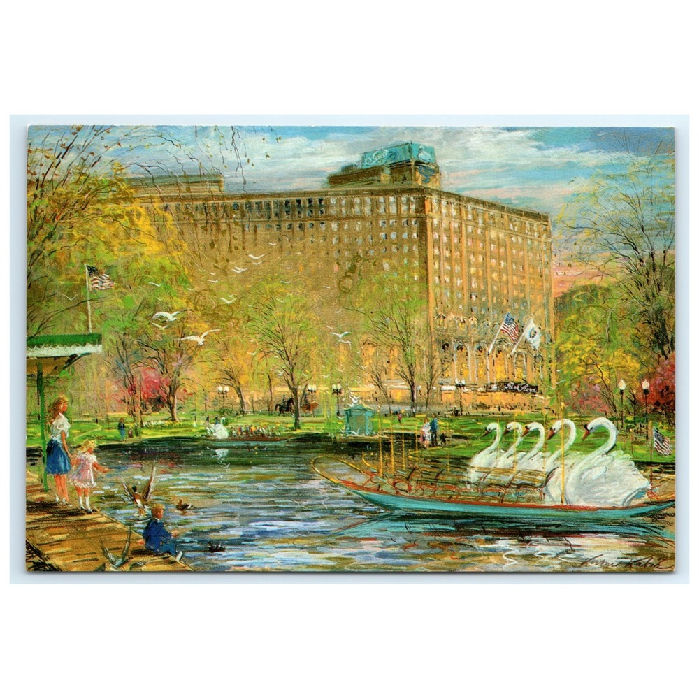 Postcard Swan Boats Painting Pastel‎ Kamil Kubik Boston Park Hotel Garden MA